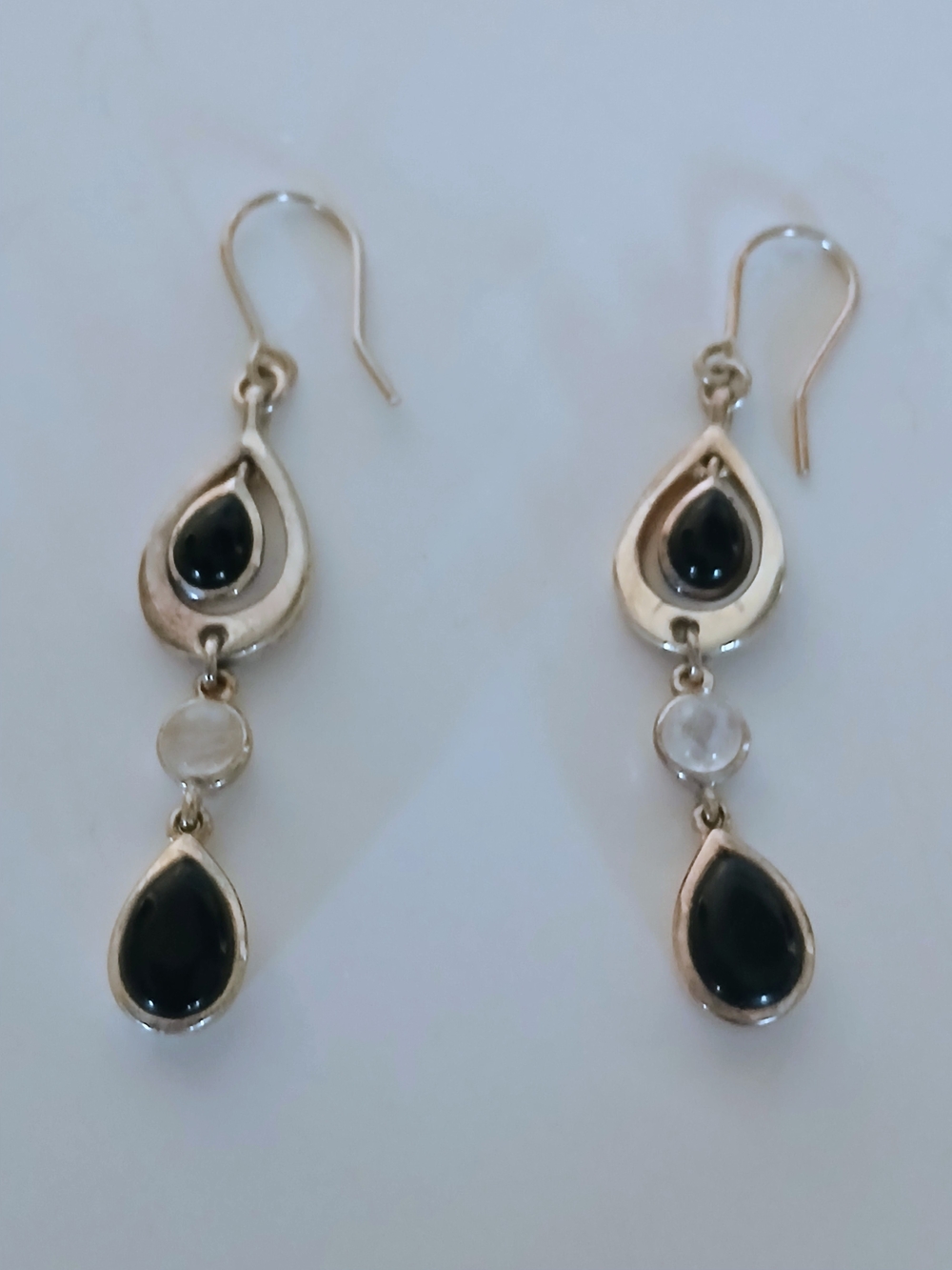 Vintage Sterling Silver Black Onyx & Moonstone Dangle Earrings